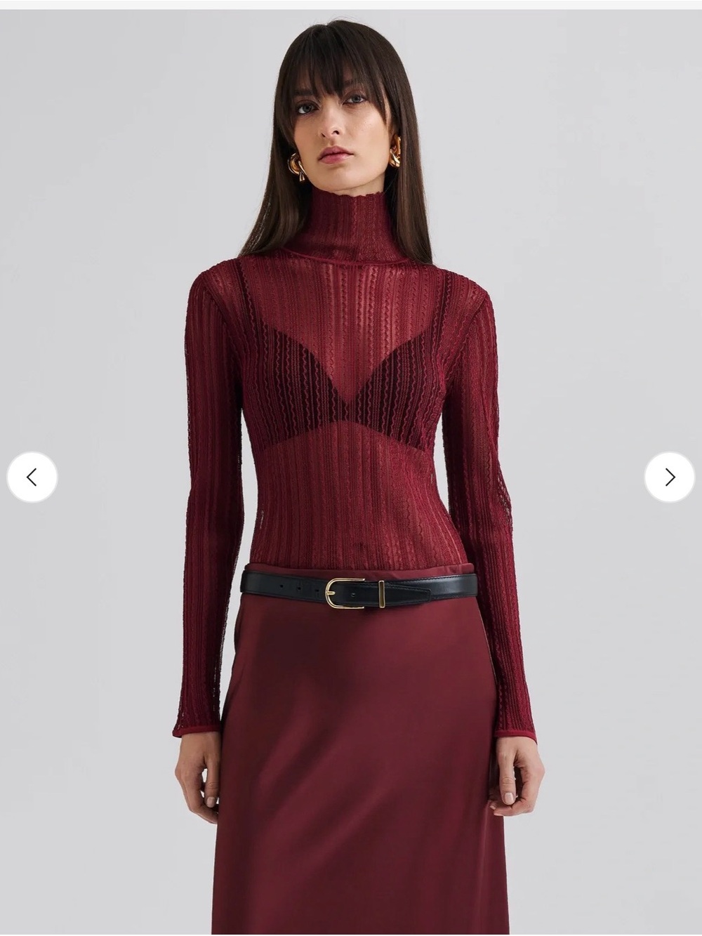 Semi-Sheer Ribbed Turtleneck Top in Burgundy